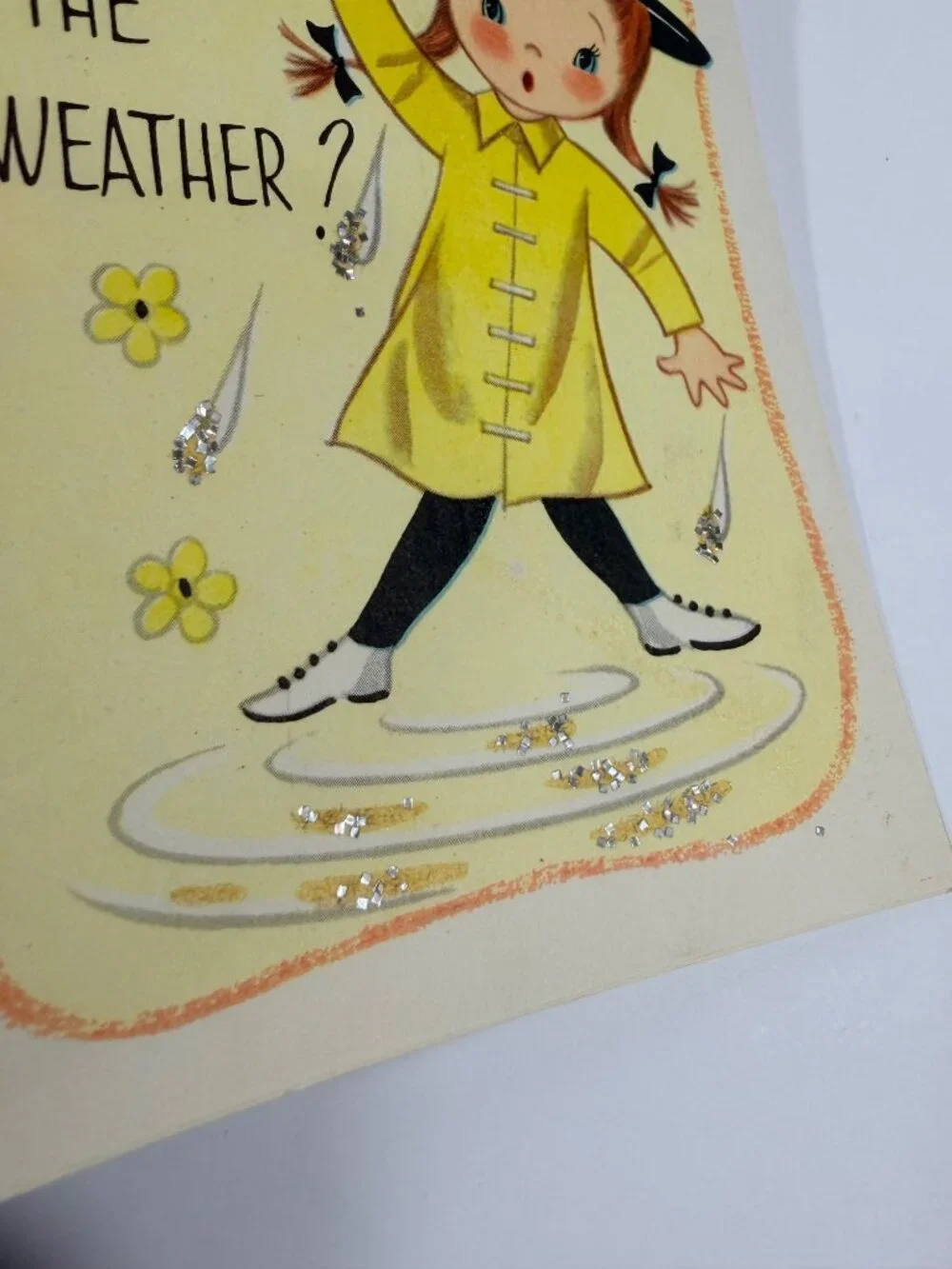Vintage Get Well Soon Greeting Card Glitter Accents Girl In Yellow Raincoat & Um